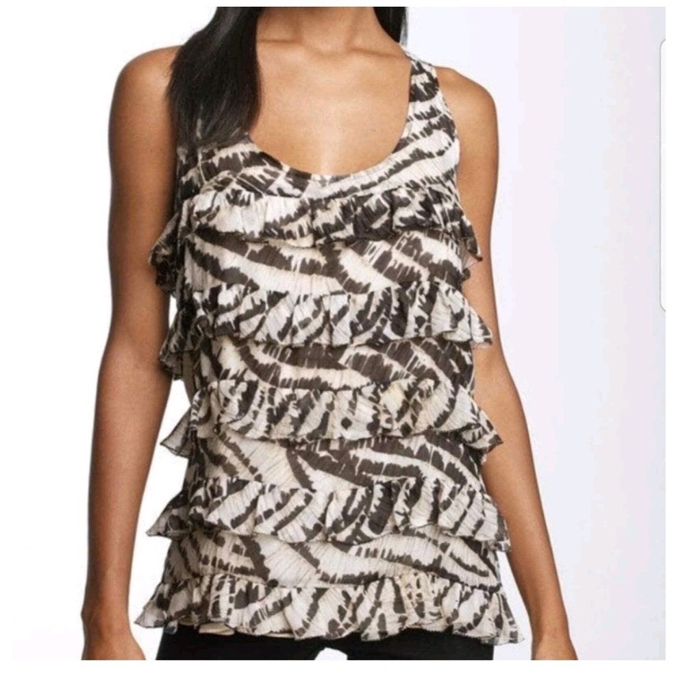 Diane‎ von Furstenberg Tiered Ruffle Zebra Print Silk Bamboo Tank Top Size 2